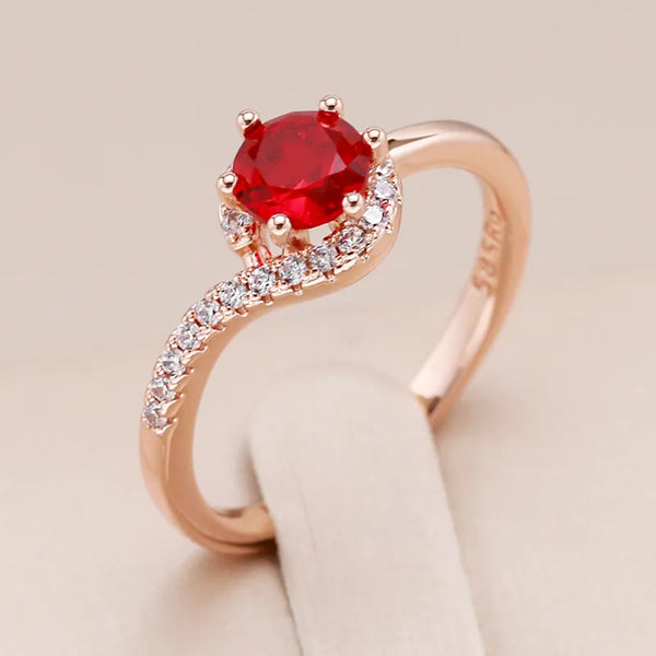 Kinel Hot Trend 585 Rose Gold Color Wedding Ring for Women Round Red Natural Zircon Accessories Daily Fine Jewelry Crystal Gift