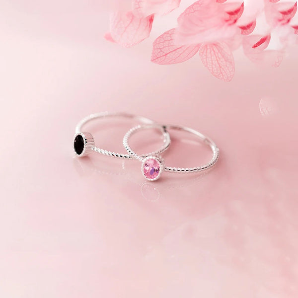 SOFTPIG Real 925 Sterling Silver Black Pink Oval Zircon Ring For Charming Women Classic Fine Jewelry Geometric Accessories