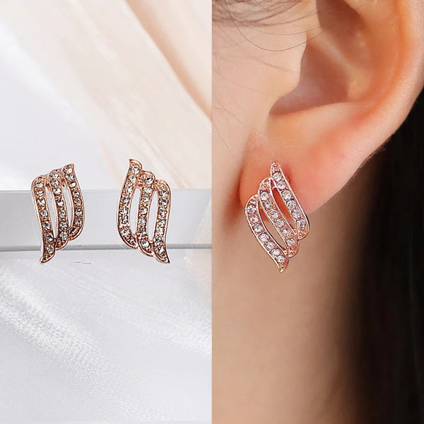 Rose Gold Color Crystal Women's Stud Earrings Hollow Wings Curved Small Earrings for Girls Hiphop Personality Mini Ear Jewelry