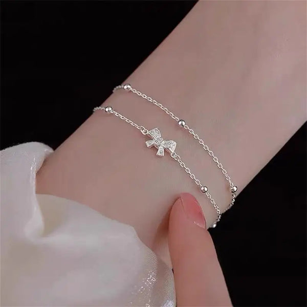 Fashionable 925 Sterling Silver Double-Layer Layered Bow Bracelet With Full Diamond Round Bead Bracelet Exquisite Birthday Gift